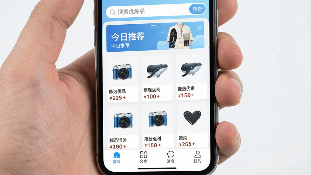 �ֻ���Ļ��д������������ʾ����ѡ��Ʒ��App����ҳ���棬������������ͽ����Ƽ�������м�������״���е���Ʒ��Ƭ��ÿ�ſ�Ƭ�ϱ�ע����Ʒͼ�����ƺ�Ԥ���������ײ�����������ҳ�����ࡢ��Ϣ���ҵ��ĸ�ͼ�꣬���岼�ָɾ����࣬�԰�ɫ��ǳ��ɫΪ��ɫ��������ִ���ƽ�������������������޶���װ��Ԫ��