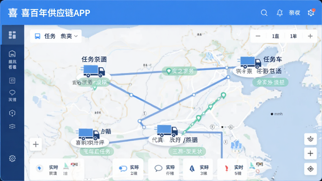喜百年供应链APP的车辆调度看板界面,显示多辆货车的实时位置图标和任务状态标签,地图背景上有路线连线,界面配色以蓝白为主,字体清晰,风格简洁商务,画质干净无噪点