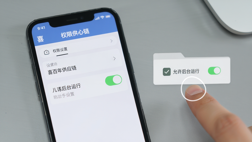 一部手机屏幕显示喜百年供应链的权限设置页面,旁边有手指点击“允许后台运行”的示意图,背景是简洁的灰色桌面,风格写实,画质清晰,重点突出权限开关