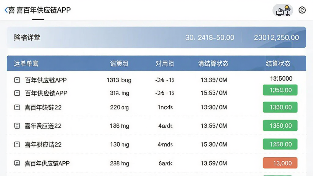 喜百年供应链APP的财务对账页面截图,表格中列出多笔运单的费用明细和结算状态,顶部有汇总数字,界面设计整洁,数据可视化清晰,风格专业,画质锐利无多余装饰