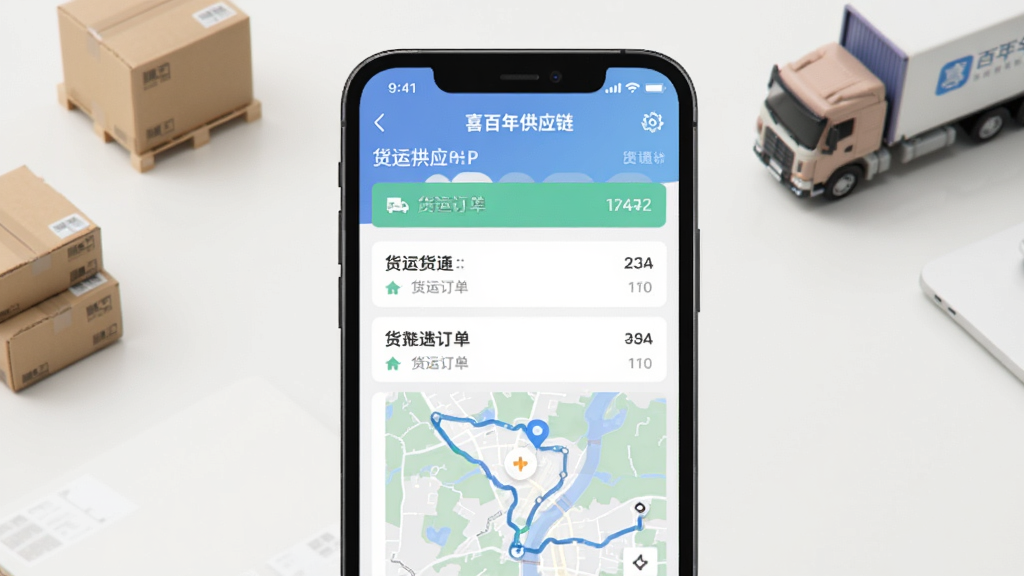 一张展示喜百年供应链APP核心界面的手机样机图,手机屏幕显示货运订单列表和地图轨迹,背景是干净的浅色桌面,周围有少量物流纸箱和货车模型点缀,风格现代扁平化,画质清晰,构图居中,无多余杂乱元素
