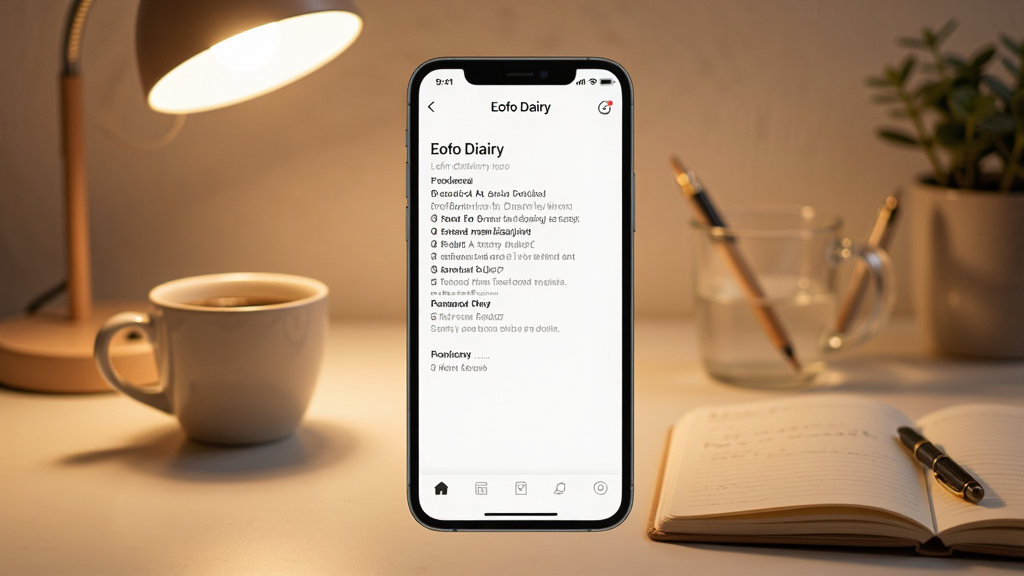 һ��չʾ�����ռ�App���Ľ���ĳ���ͼ������������һ�������ֻ�����Ļ�ϴ��������ռǵ��ռǱ༭ҳ�棬��������ܰ��������������̨�ơ����ȱ��ͱʼǱ�������ɫ����ů��ͣ�������¼�Լ��ϸ�ڷḻ�����ʸɾ��������޶���Ԫ��