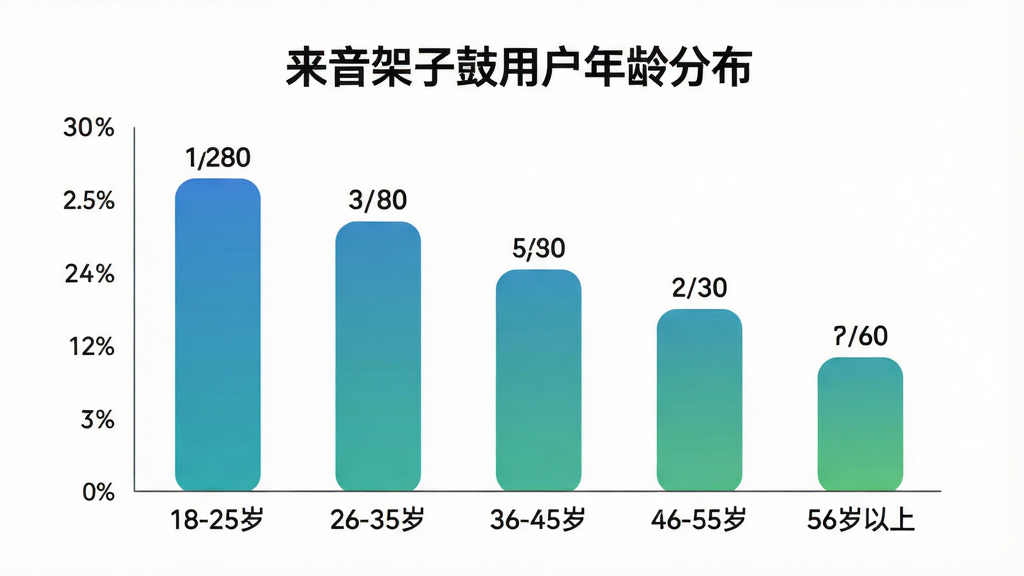 一张展示来音架子鼓用户年龄分布的柱状图,画面主体是简洁的数据图表,横轴标注年龄段“18-25岁”“26-35岁”“36-45岁”“46-55岁”“56岁以上”,纵轴标注人数占比百分比,柱子颜色为渐变的蓝绿色系,图表上方有标题“来音架子鼓用户年龄分布”,背景为白色简洁风格,布局居中突出图表,排版清晰,风格现代数据可视化,细节上柱体有圆角、数值标签清晰可见,画质干净无多余元素