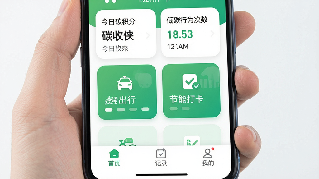 һ���ֻ�Ӧ�ý���չʾͼ�������ǡ�̼������App��ҳ������Ϊ������ʾ����̼���ֺ͵�̼��Ϊ�������м�����ɫ���С����ܴ򿨵ȹ��ܿ�Ƭ���ײ�Ϊ��ҳ����¼���ҵ�����ѡ����Ű�������������ִ���ƽ����ϸ��Բ�󣬻��ʸɾ��������д��С�̼���������ֱ�ʶ���޶���Ԫ��