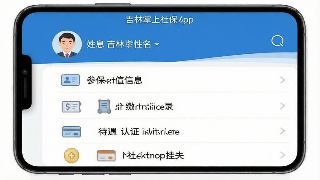 一张手机截图风格示意图,画面展示“吉林掌上社保”App的“我的”页面,顶部是用户头像和姓名,下方依次排列“参保信息”、“缴费记录”、“待遇认证”、“社保卡挂失”四个功能入口,每个入口配有小图标,界面以蓝色和白色为主,布局规整,风格扁平化,画质干净清晰