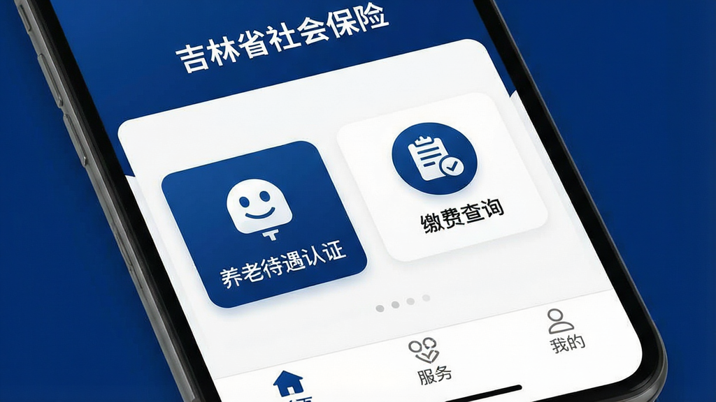 一张手机屏幕特写,画面中央是“吉林掌上社保”App的主界面,顶部显示“吉林省社会保险”字样,中间是醒目的“养老待遇认证”和“缴费查询”两个大按钮图标,底部是“首页”、“服务”、“我的”三个选项卡,整体以深蓝色和白色为主色调,布局清晰,风格现代简洁,画质干净,无多余装饰元素