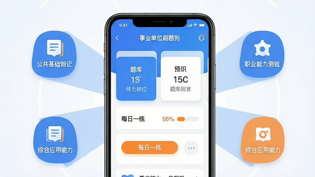����������һ���ֻ���Ļ��ʾ����ҵ��λˢ�⹷��App�����棬�м��������࿨Ƭ��ÿ��һ����ť����Χ������ְҵ����������顢��������֪ʶ���ۺ�Ӧ�������ȿ�Ŀͼ�꣬���ֲ������ķ���ʽ�Ű棬���Ϊ��ˬ��ƽ��������App���ϸ���ϰ�ťԲ����ɫ������Ϊ����׺��ɫ�����������������ɾ��޶���Ԫ��