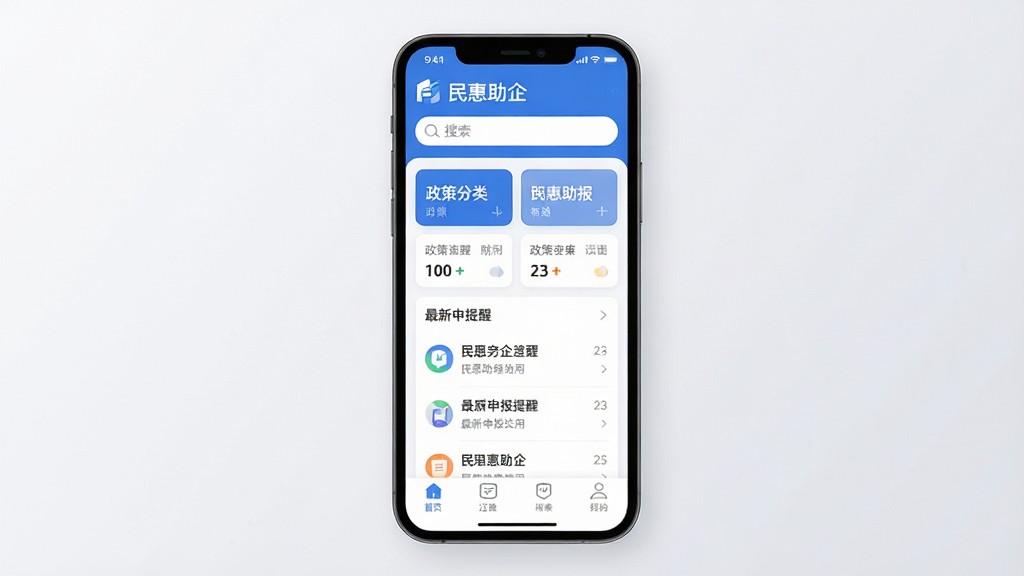 民惠助企应用主界面全貌展示,手机屏幕居中放置,屏幕内显示蓝白配色的应用首页,顶部有“民惠助企”文字标识和搜索框,中部为政策分类卡片和最新申报提醒列表,底部为导航栏,背景为干净的浅灰色渐变,风格现代扁平化,细节圆润清晰,画质干净无多余元素