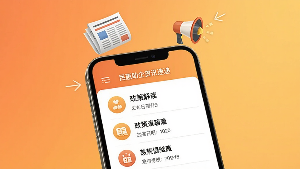 民惠助企资讯速递页面展示,手机屏幕显示政策解读文章列表,每篇文章配有小图标和发布日期,手机上方漂浮着报纸和喇叭图标,背景为暖色调渐变,风格亲切生活化,画质干净无杂乱元素