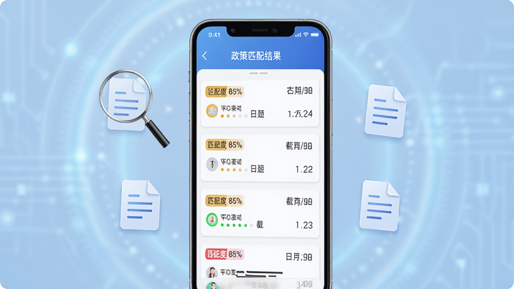 民惠助企政策智能匹配功能展示图,画面中央是一部手机,屏幕显示政策匹配结果列表,每条结果带有“匹配度85%”标签和截止日期,手机旁边漂浮着放大镜和文档图标,背景为柔和的蓝色科技感光晕,风格简洁商务,画质清晰干净