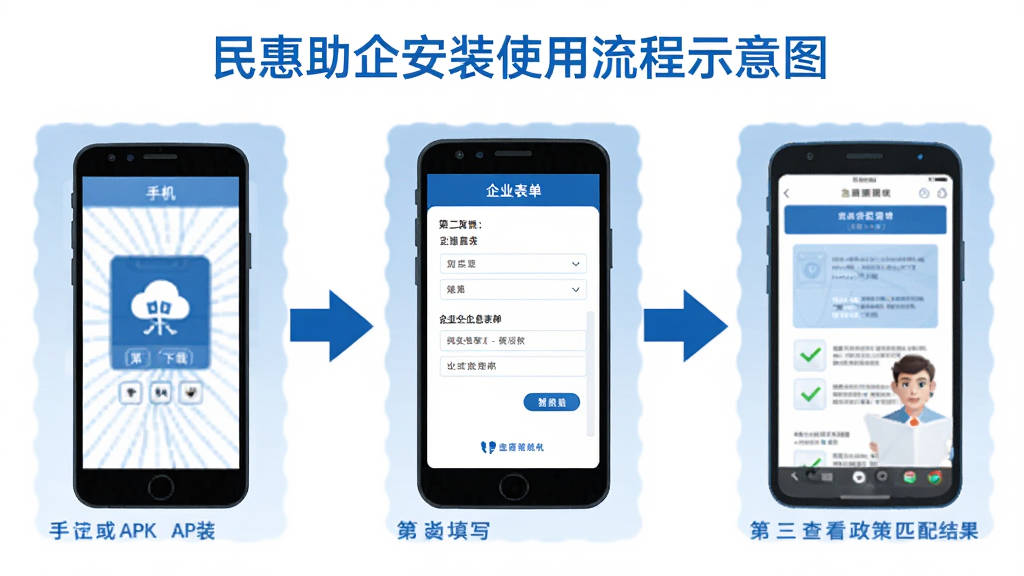 民惠助企安装使用流程示意图,画面分为三个步骤展示,第一步手机下载APK安装包,第二步填写企业信息表单,第三步查看政策匹配结果,用箭头连接三个步骤,风格扁平化信息图,配色蓝白为主,画质干净清晰
