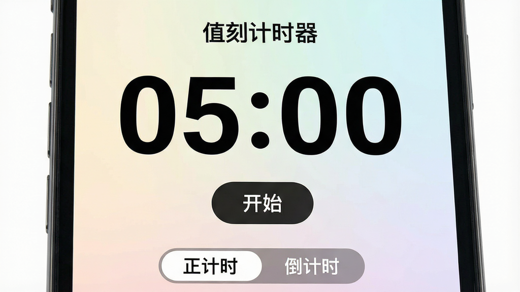 一张展示值刻计时器正计时与倒计时功能操作界面的图片,主体为手机屏幕特写,屏幕中间显示大号数字倒计时“05:00”和开始按钮,上方有“值刻计时器”文字标识,下方有正计时和倒计时切换标签,布局居中对称,排版清晰,风格简约现代,细节上数字字体粗壮醒目、背景为浅色渐变,画质干净锐利,无多余图标元素