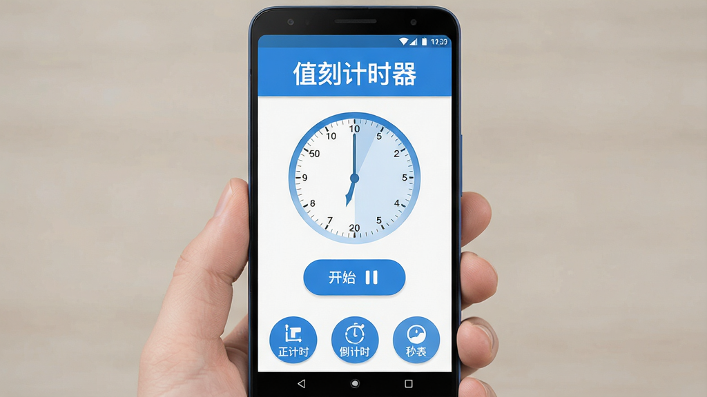 一张展示值刻计时器软件核心全貌的手机应用界面截图风格图片,主体是一部居中摆放的安卓手机,屏幕内显示值刻计时器主界面,顶部有醒目的“值刻计时器”软件名称文字,中间区域是圆形计时表盘和开始暂停按钮,下方排列着正计时、倒计时、秒表三个功能入口,布局简洁清晰,排版上下分层,风格为现代扁平化设计,细节上按钮圆润、配色以蓝白为主,画质干净高清,无多余装饰元素