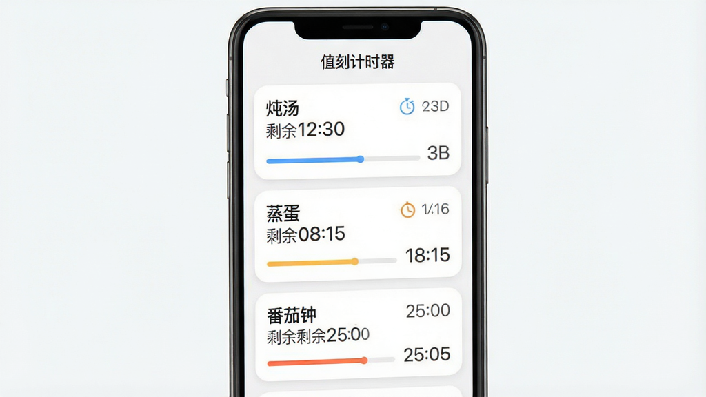 一张展示值刻计时器多组计时并行列表界面的图片,主体为手机屏幕,屏幕内整齐排列着三个计时任务卡片,分别标注“炖汤 剩余12:30”“蒸蛋 剩余08:15”“番茄钟 剩余25:00”,卡片上方有“值刻计时器”标题,布局为纵向列表排版,风格清爽卡片式设计,细节上进度条和剩余时间清晰可见,画质干净明亮,无杂乱背景元素