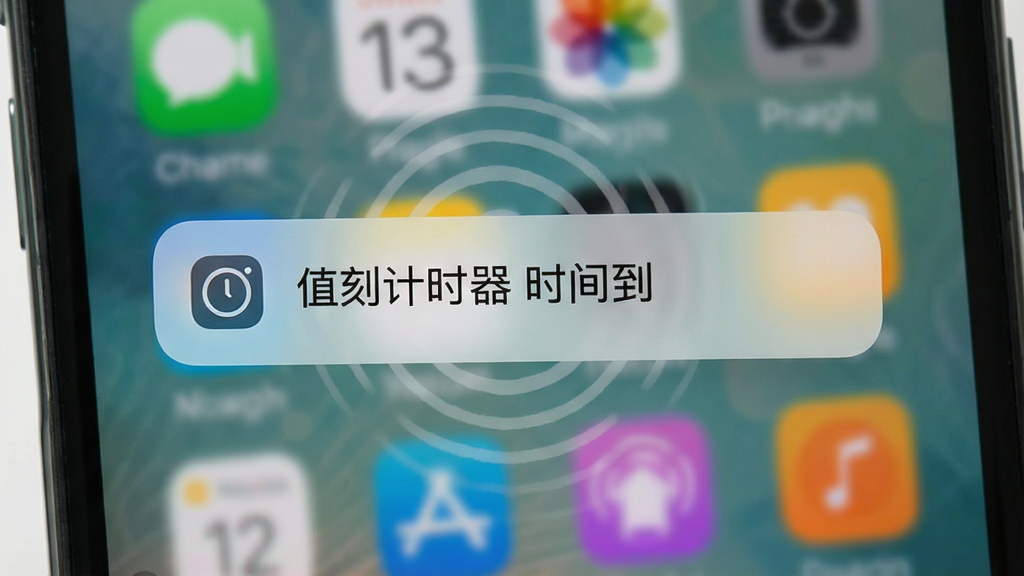 一张展示值刻计时器后台提醒功能的图片,主体为手机锁屏界面特写,屏幕中央弹出计时结束提醒通知卡片,卡片上写有“值刻计时器 时间到”字样,背景为模糊的手机桌面,布局突出通知卡片,风格写实简洁,细节上通知图标和震动波纹清晰,画质干净无噪点,无多余装饰