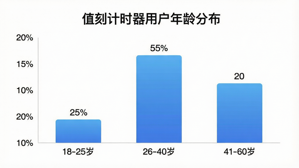 一张展示值刻计时器用户年龄分布柱状图的图片,主体为简洁的数据图表,横轴标注“18-25岁”“26-40岁”“41-60岁”三个年龄段,纵轴为百分比刻度,柱子高度分别显示约25%、55%、20%,图表上方有“值刻计时器用户年龄分布”标题文字,布局居中清晰,风格扁平化信息图设计,细节上柱子用蓝色渐变填充、数值标签明确,画质干净无多余网格线