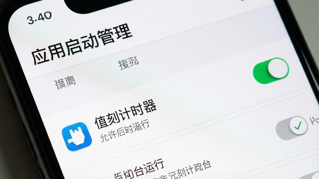 一张展示值刻计时器在手机后台权限设置中白名单配置的图片,主体为手机设置界面特写,屏幕内显示应用列表和“值刻计时器”选项被勾选允许后台运行,上方有“应用启动管理”标题,布局为设置列表排版,风格系统原生设计,细节上开关按钮和勾选状态清晰,画质干净无杂乱,无多余文字元素