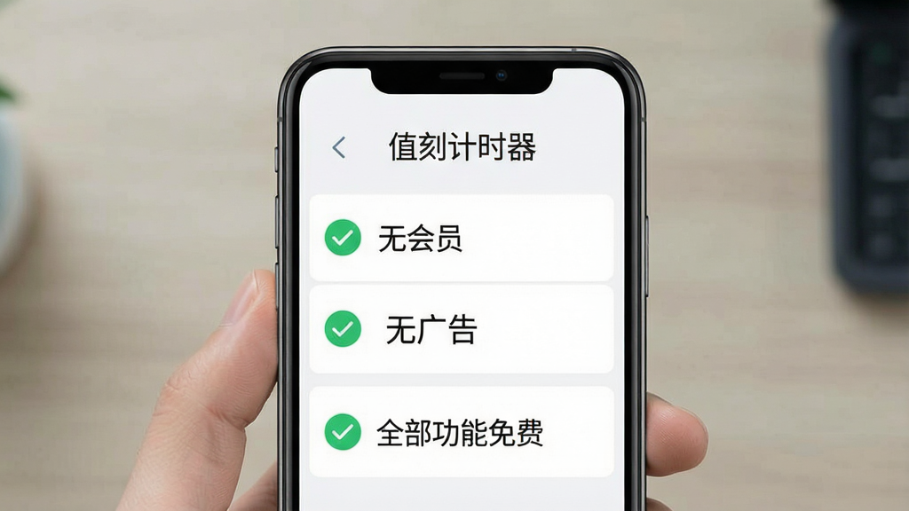 一张展示值刻计时器免费无广告特性的图片,主体为手机屏幕内显示软件设置页面,页面上有“无会员”“无广告”“全部功能免费”等文字标签整齐排列,上方有“值刻计时器”名称,布局为简洁的设置列表排版,风格扁平化设计,细节上标签用绿色对勾图标点缀,画质干净清晰,无多余按钮元素