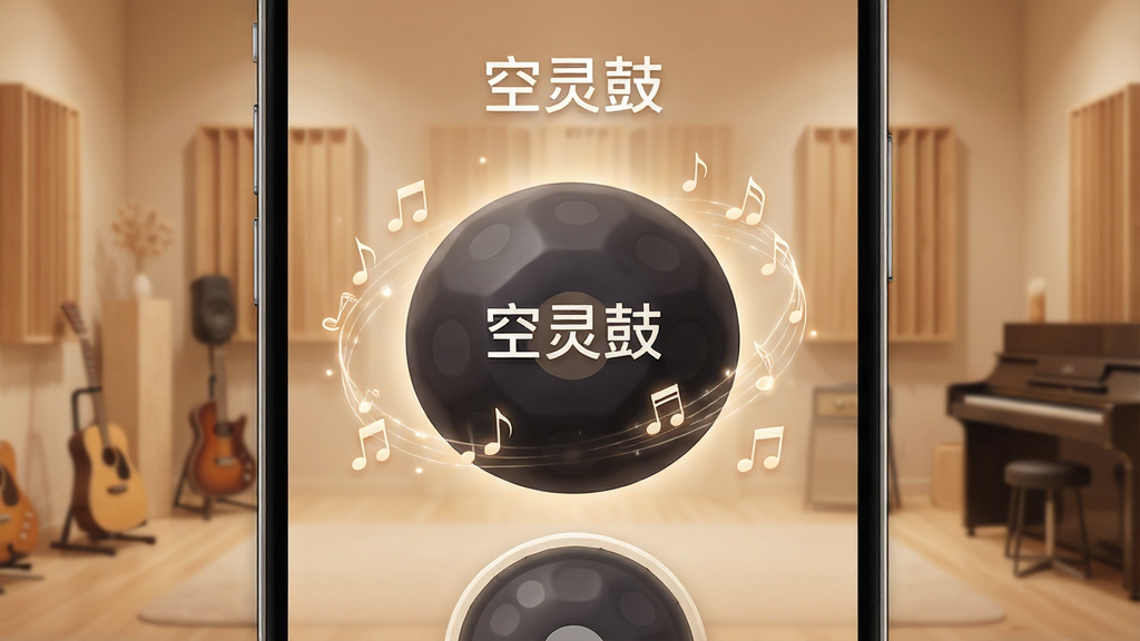 一张展示空灵鼓App核心界面的手机样机图,画面中央是圆润的深色空灵鼓鼓面,鼓面周围有柔和的光晕和音符飘浮效果,背景是暖色调的极简音乐工作室氛围,手机屏幕内显示“空灵鼓”三个字的Logo和鼓面敲击区域,风格清新治愈,细节干净,画质高清无多余元素