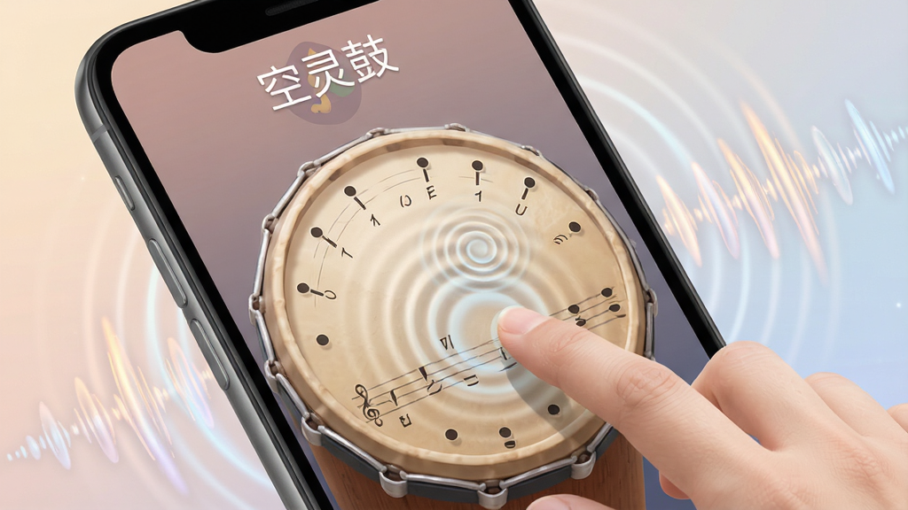 一张空灵鼓App演奏界面的特写图,手机屏幕显示带音阶标记的鼓面,手指正在点击鼓面触发音符涟漪,屏幕上方有“空灵鼓”字样,周围环绕着舒缓的声波纹理,整体色调柔和治愈,布局清晰,画质干净细腻