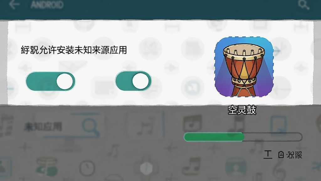 一张手机设置界面的示意图,画面中展示安卓系统“允许安装未知来源应用”的开关位置,旁边配有“空灵鼓”App图标和安装进度条,整体布局清晰,风格简洁直观,画质干净无多余装饰