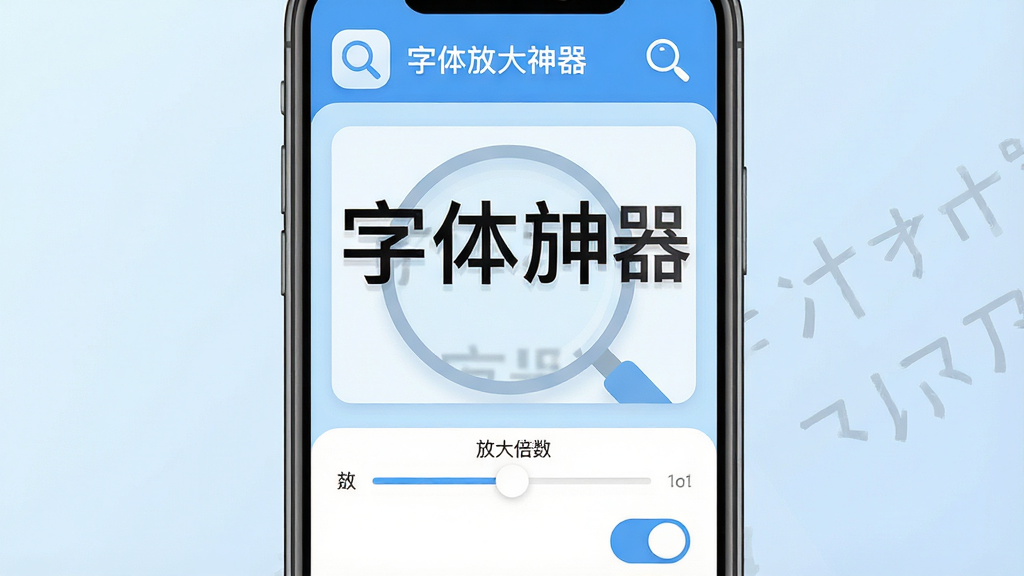 一张手机屏幕显示“字体放大神器”应用界面的图片,主体为手机居中放置,布局采用上下分层,上方是应用标题栏“字体放大神器”与放大镜图标,中间是放大后的文字预览区域,下方是放大倍数滑动条和开关按钮,风格为现代扁平化设计,细节上文字边缘清晰、按钮圆润、背景为淡蓝渐变,画质干净高清、无多余元素