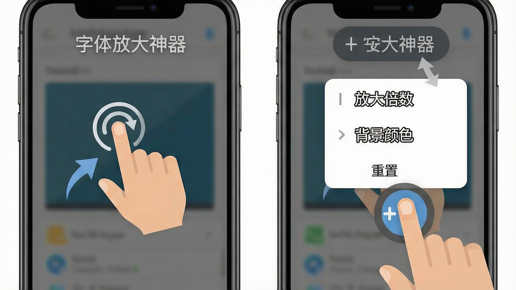 一张“字体放大神器”手势操作演示图,主体为手机屏幕和悬浮按钮,布局为左侧展示双击动作图标、右侧展示长按弹出菜单示意,风格为扁平化教学图解,细节包含手势箭头、菜单选项文字“放大倍数”“背景颜色”“重置”,画质干净明亮、无多余装饰
