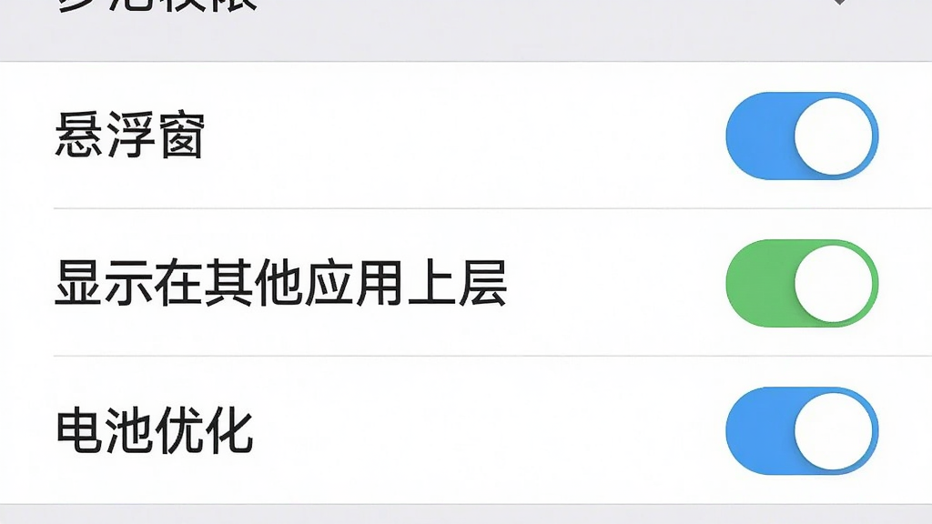 一张手机权限设置界面截图示意图,主体为设置菜单列表,布局为纵向排列的权限开关项,风格为系统原生UI风格,细节包含“悬浮窗”“显示在其他应用上层”“电池优化”三个高亮开关按钮,画质清晰干净、无多余图标