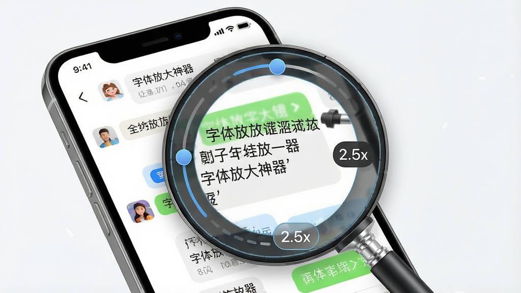 一张展示“字体放大神器”全局悬浮放大镜功能的示意图,主体为手机屏幕上方悬浮一个圆形放大镜窗口,布局为手机界面显示聊天记录、放大镜窗口覆盖在文字上方,风格为简洁科技感,细节包含放大镜边缘的调节滑块和放大倍数数字“2.5x”,画质干净清晰、无杂乱背景元素