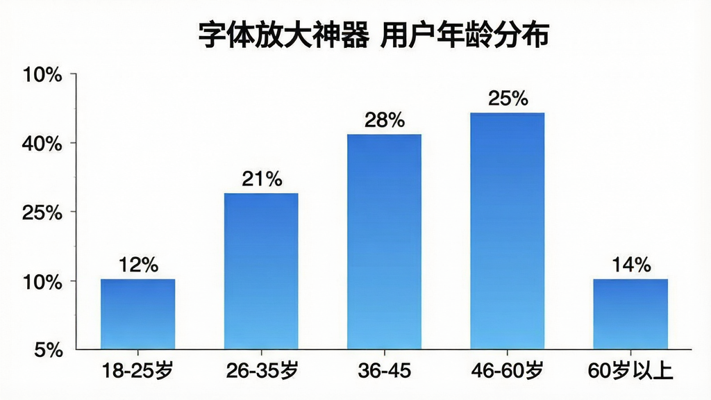 一张柱状图展示“字体放大神器”用户年龄分布,主体为五根柱子代表不同年龄段,布局为横轴18-25岁、26-35岁、36-45岁、46-60岁、60岁以上,纵轴为人数占比百分比,风格为扁平化数据图表,细节柱子颜色渐变蓝、顶部标注百分比数值“12%”“21%”“28%”“25%”“14%”,画质干净清晰、无多余网格线