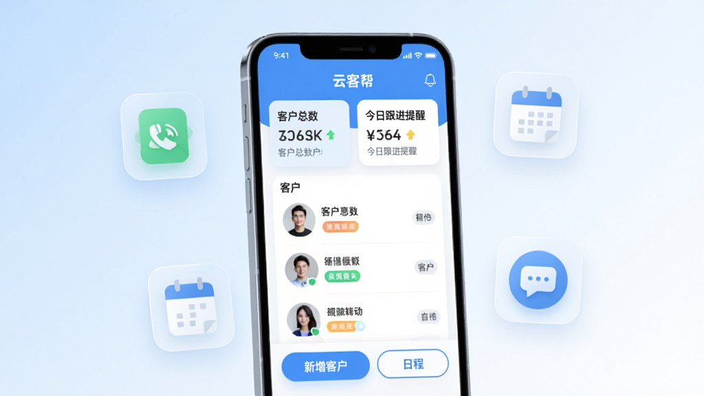 ����������һ�������ֻ����ֻ���Ļ����ʾ���ƿͰAPP�������棬������Ƽ�࣬�Ϸ��ǿͻ������ͽ��ո������ѵĿ�Ƭ���м��ǿͻ��б���ÿ���ͻ�ͷ�����б�ǩ���·��������ͻ����ճ̰�ť���ֻ���ΧƯ���ż�����͸����ͼ�꣬����ͨѶ¼����������Ϣ���ݡ�������ǳ������ɫ�Ľ��䣬����ִ���ƽ��ϸ��Բ�󣬻��ʸɾ��������޶���Ԫ�ء�