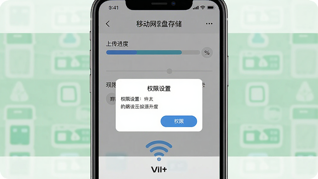 ���ƶ����̴洢��App���ֲ���ָ��ʾ��ͼ������Ϊ�ֻ���Ļ����������ʾ�ϴ���������Ȩ�����õ�����WiFi����ͼ�꣬����Ϊ���·ֲ㣬������ƽ��ϸ�����������ʸɾ��޶���Ԫ��