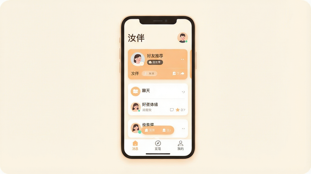 一张展示手机应用“汝伴”主界面的插画,画面中央是一部竖屏手机,屏幕内显示“汝伴”APP的首页布局,顶部有“汝伴”字样和用户头像,中间是卡片式的好友推荐与聊天入口,底部为消息、发现、我的三个导航标签,整体色调柔和温暖,以米白和浅橙色为主,风格现代扁平,细节圆润,画质干净清晰,无多余元素