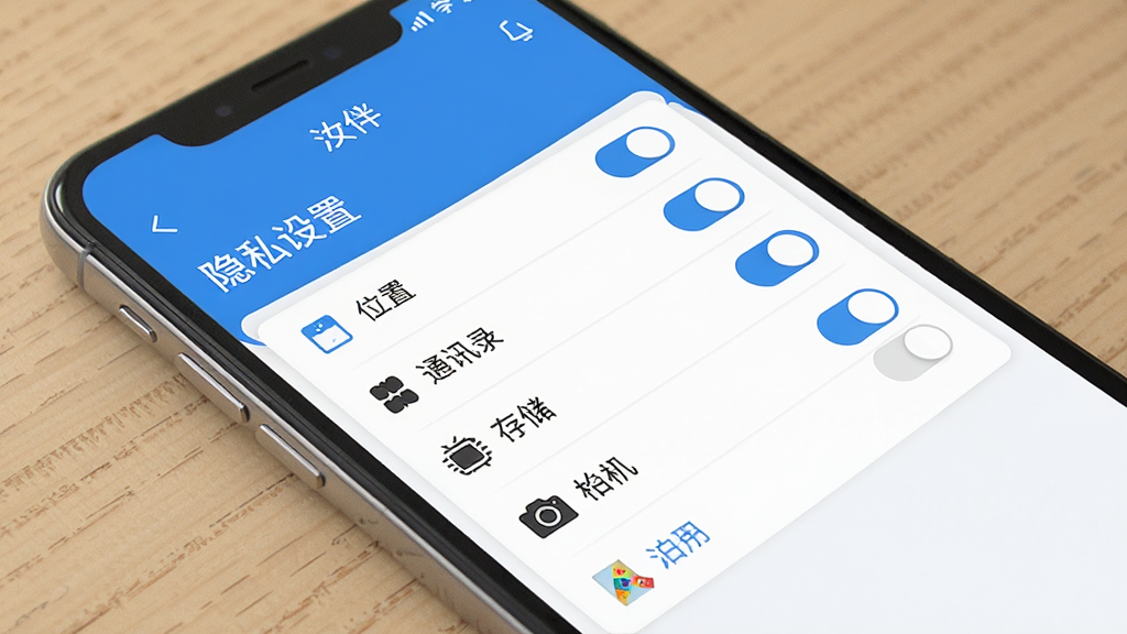 一张展示“汝伴”隐私设置页面的示意图,手机屏幕中显示权限管理列表,包括位置、通讯录、存储、相机等开关选项,部分开关处于关闭状态,界面以蓝白色调为主,布局清晰,文字标签明确,风格简洁现代,画质干净,无多余元素