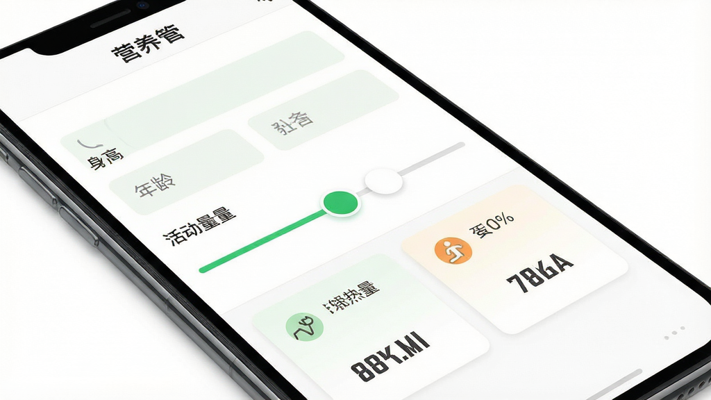 一张展示“营养管家”设置与目标定制界面的图片,主体为手机屏幕侧角度展示,屏幕显示身高体重年龄输入框和活动量选择滑块,下方为每日热量蛋白质目标数值卡片,布局纵向排列工整,风格为简洁表单式UI设计,细节上输入框有浅色底纹,滑块为绿色圆点,数值卡片带图标,画质清晰干净,背景为纯白,无多余元素