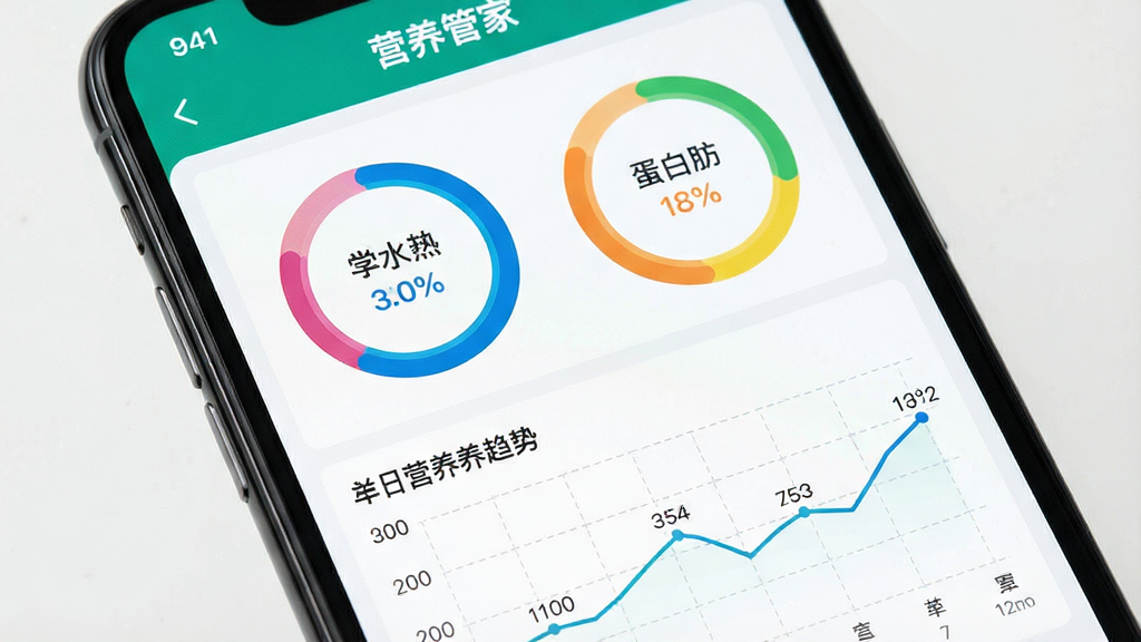 一张展示“营养管家”营养数据看板的图片,主体为手机屏幕特写,屏幕中央显示热量蛋白质脂肪碳水四项环形进度图,下方为七日营养趋势折线图,布局上下分层清晰,风格为数据可视化扁平设计,细节上环形图色彩分明,折线图有网格底纹,数值标签清晰可读,画质干净锐利,无杂乱装饰元素