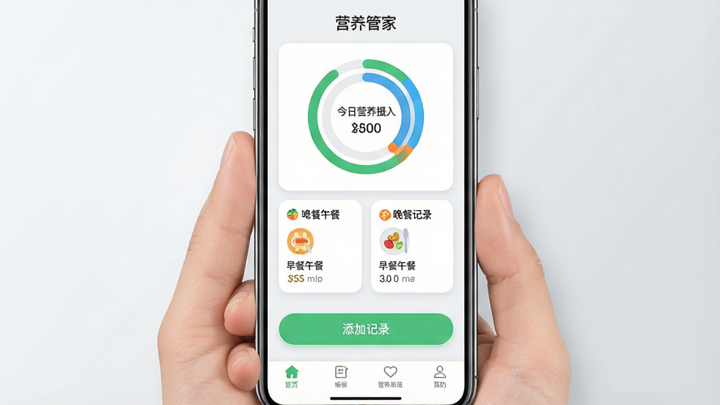一张展示“营养管家”手机应用主界面的图片,主体是一部手持智能手机,屏幕显示应用首页,布局上方为今日营养摄入环形进度图,中间是早餐午餐晚餐记录卡片,底部为添加记录按钮和导航栏,排版居中突出手机屏幕,风格为现代扁平化UI设计,细节上环形图表有绿蓝橙三色分区,卡片边缘圆润,背景为浅灰色渐变,画质清晰干净,无多余元素