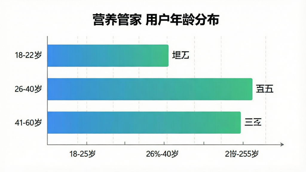 一张展示“营养管家”用户年龄分布柱状图的图片,主体为横向柱状图,图中显示18-25岁占比约百分之二十二,26-40岁占比约百分之四十五,41-60岁占比约百分之三十三,布局图表居中标题在上方,风格为扁平化信息图设计,细节上柱子为蓝绿渐变配色,百分比数字标注在柱体末端,坐标轴标签清晰,画质干净整洁,背景为白色,无多余装饰