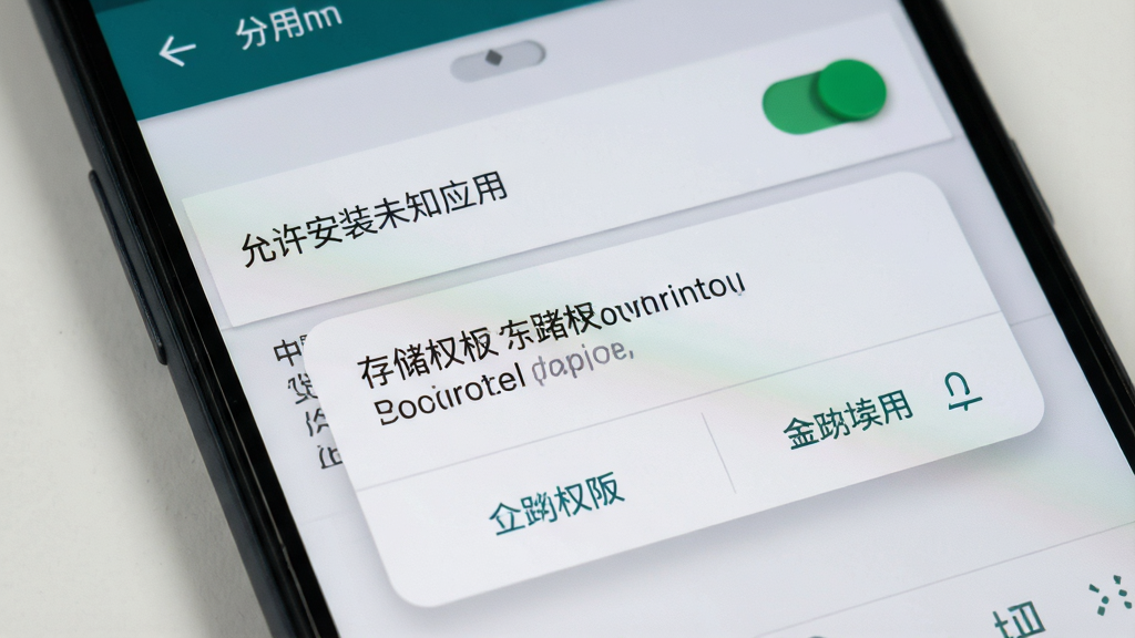 一张展示安卓手机安装应用时权限设置界面的图片,主体为手机屏幕特写,屏幕显示“允许安装未知应用”的开关选项和存储权限请求弹窗,布局居中突出权限开关,风格为安卓系统原生设置界面,细节上开关为绿色开启状态,弹窗按钮清晰,画质干净无冗余信息,背景为系统灰白底色