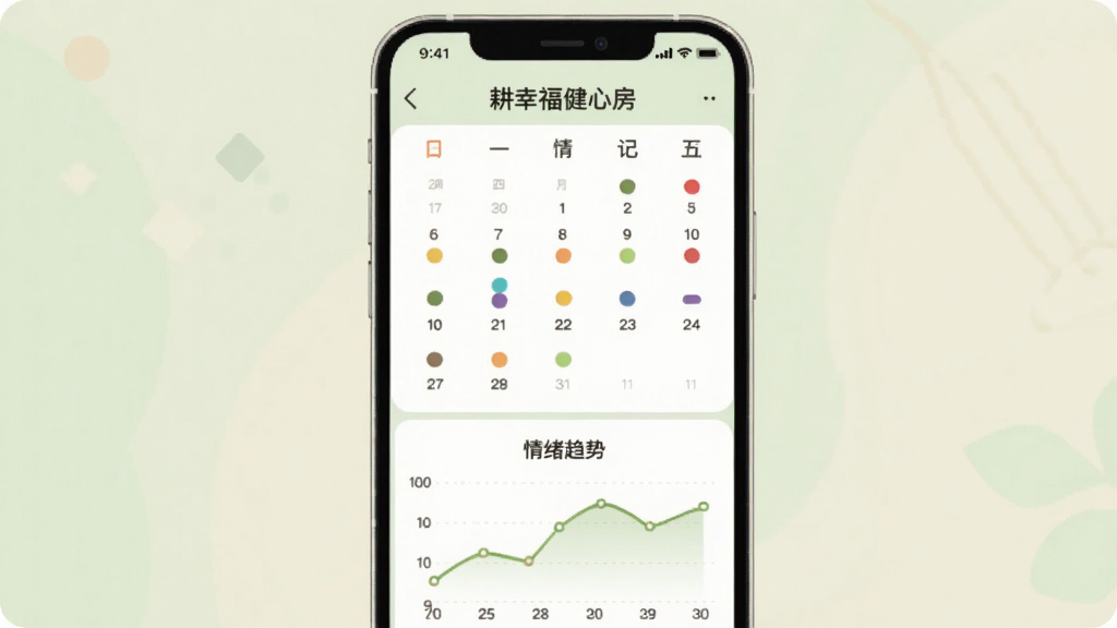 һ��չʾ�����Ҹ����ķ���App�������¼���ܵĲ�ͼ������������һ���ֻ���Ļ����Ļ����ʾһ��������ͼ��ÿ�������·��в�ͬ��ɫ��СԲ���������״̬���·���һ������ͼ������Ϊ���������ơ�������ɫ����ͣ���ǳ��ɫ����ɫΪ����������ִ������ʸɾ����޶���Ԫ��