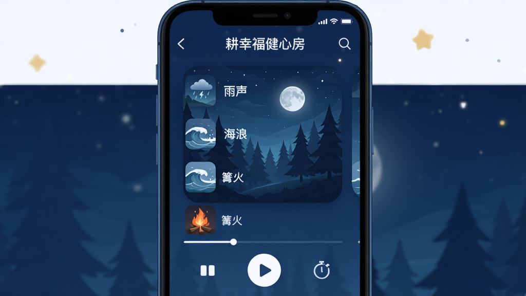һ��չʾ�����Ҹ����ķ���App��������Ƶ�����Ĳ�ͼ��������һ���ֻ���Ļ����Ļ����ʾһ����Ƶ�����б�������ͼ��ҹ����ɭ�ֺ��������б����С��������������ˡ��������𡱵�ѡ������������࣬�в��Ű�ť�Ͷ�ʱ��ͼ�꣬�������ס�����ɫ���������������޶���Ԫ��