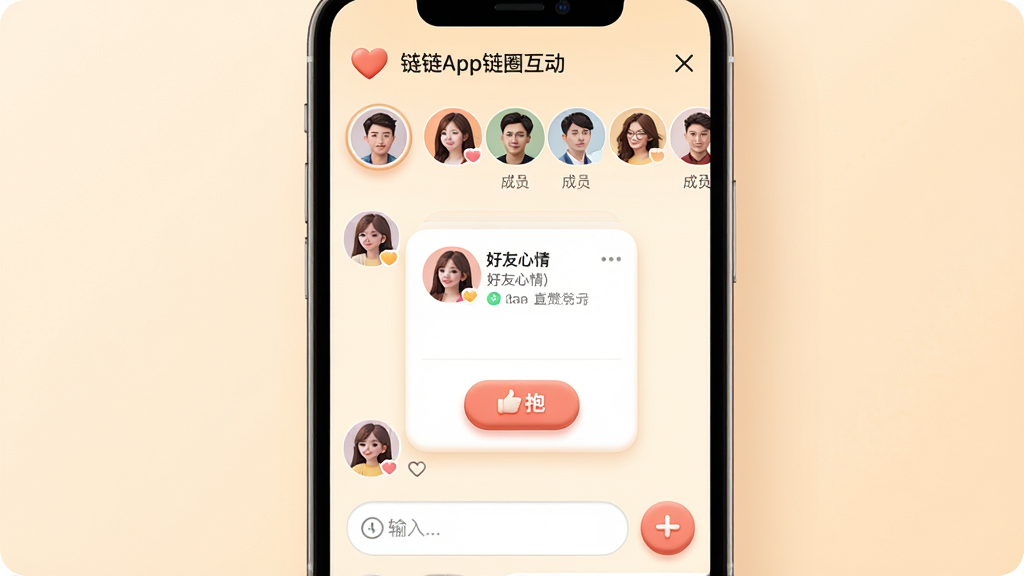 һ������App��Ȧ��������ĳ���ͼ������������һ���ֻ���Ļ����Ļ����ʾ��Ȧ���������黥��ҳ�棬�����Ϸ�Ϊ��Ȧ���ƺͳ�Աͷ����ţ��м��Ǻ������鿨Ƭ�͵��ޱ�����ť���·���������Ű�������£������ů������ϸ����ͷ��Բ�󡢰�ť����΢����У����ʸɾ�����������Ϊ��͵�ǳůɫ�޶���Ԫ��