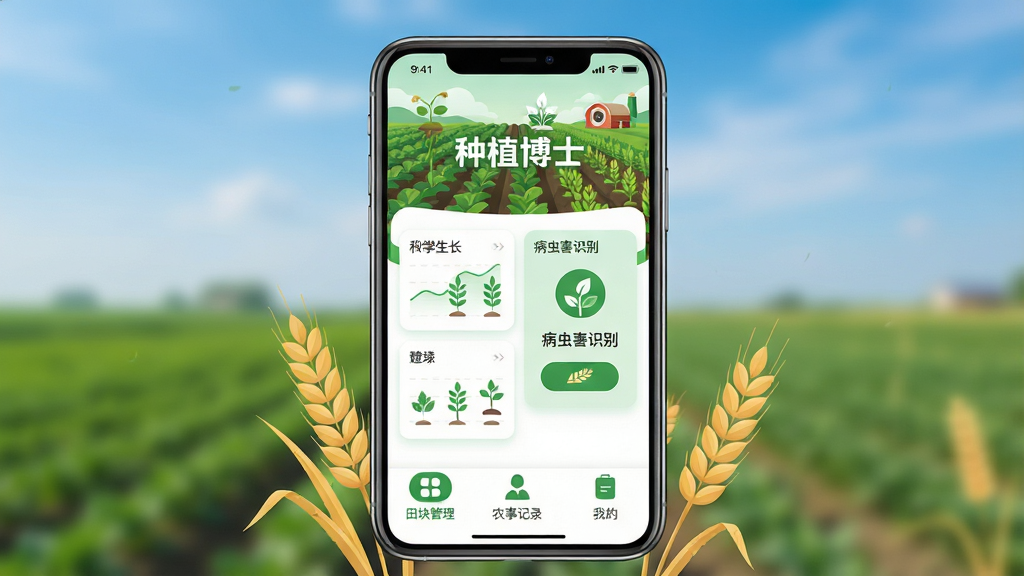 ����������һ���ֻ���Ļ����Ļ����ʾ�š���ֲ��ʿ��APP�������棬���涥������ɫ��ũ�ﱳ��ͼ���м�����������״̬��Ƭ�Ͳ��溦ʶ����ڣ��ײ�Ϊ��������ũ�¼�¼���ҵ�����ѡ�������Ϊ�ֻ����з��ã��������黯��ũ������죻�Ű���������ͼ��Բ�󣻷��Ϊ�ִ���ƽ��ũҵ�Ƽ��磬��ɫ�Ͱ�ɫΪ��ɫ����ϸ�ڰ�����Ļ�ϵ�����ͼ��������ͼ�������ɼ����ֻ���Χ�е���������װ��Ԫ�أ����ʸɾ��������޶���Ԫ�أ���ˮӡ