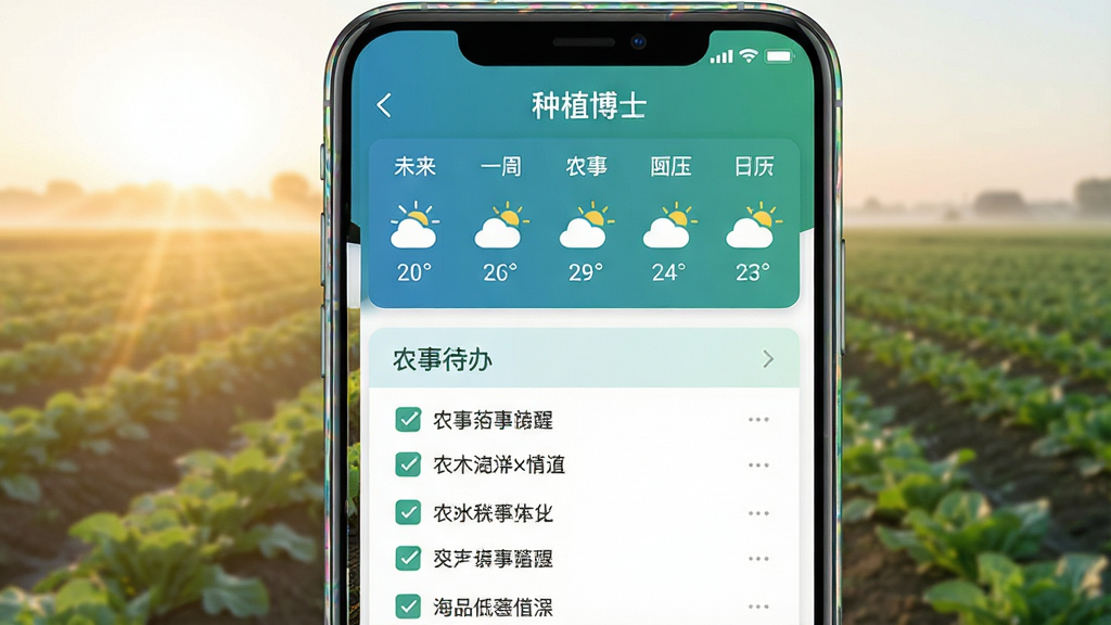 ����������һ���ֻ�����Ļ��ʾ����ֲ��ʿ��APP���������Ѻ�ũ���������棬������δ��һ������ͼ�꣬�·���ũ�´����б�������Ϊ�ֻ�����չʾ�����������µ�ũ�ﳿ�⣻�Ű���������Ϣ�㼶���������Ϊ���ũҵ���߷磬����ɫ����ϸ�ڰ�������ͼ��ʹ���������������ɼ����ֻ���Ե����΢���⣻���ʸɾ����޶���Ԫ��