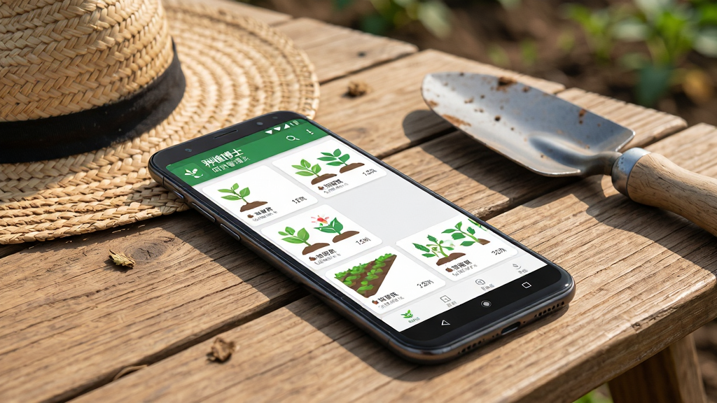 ����������һ����׿�ֻ�����Ļ��ʾ����ֲ��ʿ��APP���������б����棬�����鿨Ƭ�������У�ÿ����Ƭ��������ͼ��������Ϣ������Ϊ�ֻ�ƽ����ũ��ߵ�ľ���ϣ��Ա߷���һ����ñ��һ��С���ӣ��Ű�ͻ����鿨Ƭ�б������Ϊ��ʵũҵ������磬��Ȼ���ߣ�ϸ�ڰ����ֻ���Ļ�ϵĿ�Ƭ���ֺ�ͼ������������ľ�ƿɼ������ʸɾ����޶���Ԫ��