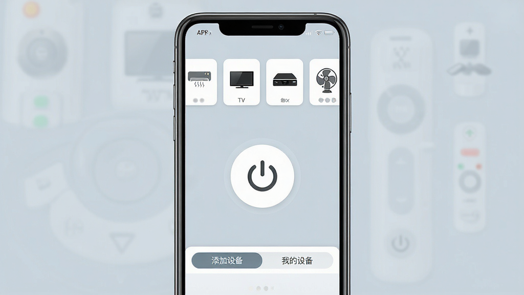 һ��չʾ����ң��������APP���Ľ�����ֻ���ͼ�������������ֻ���Ļ����Ļ����ʾ����ң�������ӵ������棬�����пյ������ӡ������С������ĸ�ң����ͼ�꿨Ƭ���м���һ�����Բ�ε�Դ��ť���ײ��������豸���ҵ��豸����ѡ���������ǳ����ɫ�����������ִ������ʸɾ��������޶���Ԫ��