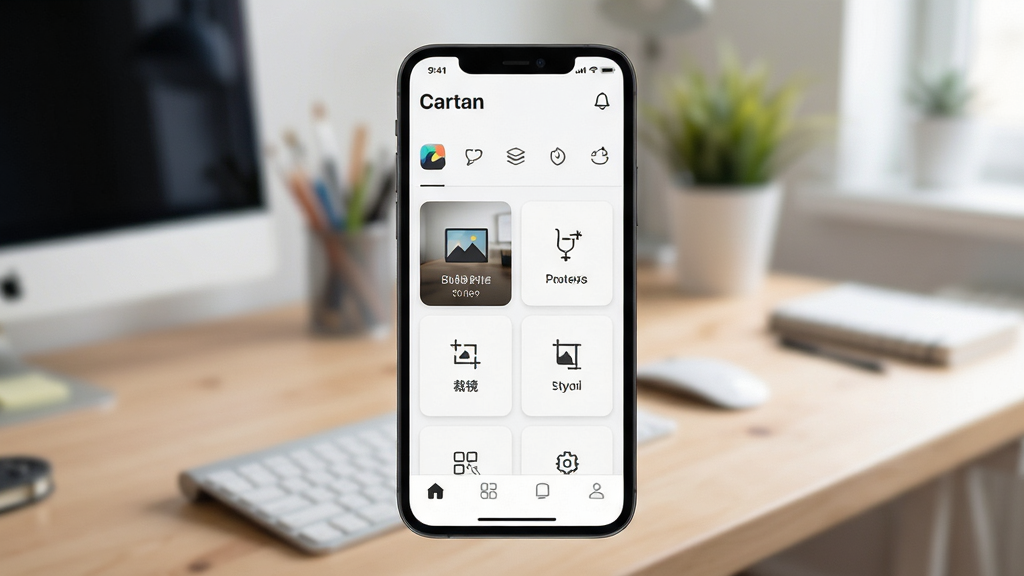 Cartan����������ȫòչʾ�������������ֻ���Ļ��ʾCartanӦ����ҳ������Ϊ�������ơ�Cartan���ͼ���ͼ�������в��ǹ��ܿ�Ƭʽ���ְ���ͼ��������˾����ü���ģ����ڣ��ײ�Ϊ���������������ǳɫ�����񣬱���Ϊ��͵Ĺ���̨���������������ɾ����޶���Ԫ��