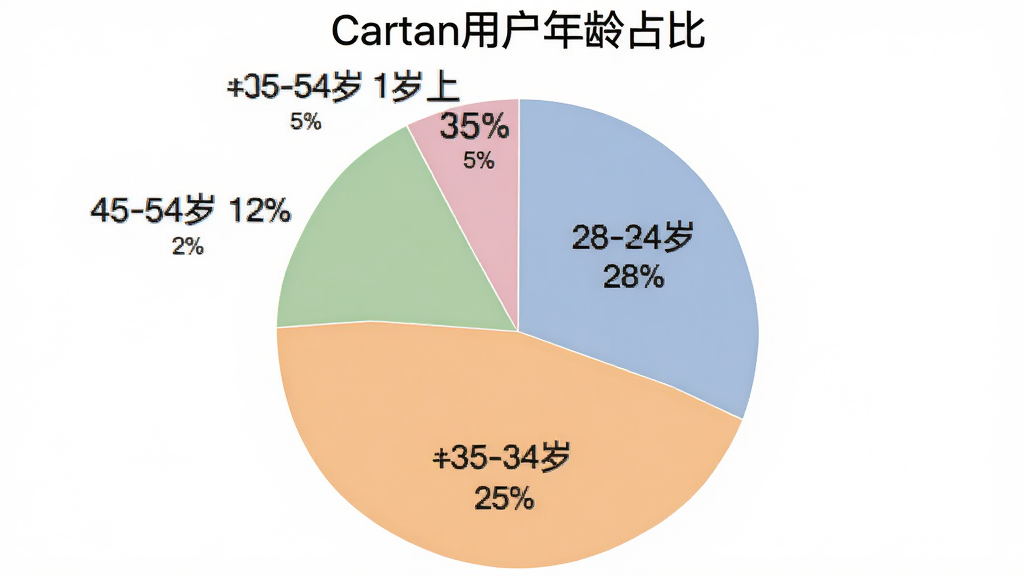 Cartan�û�����ֲ���״ͼ��ͼ������Ϊ��Cartan�û�����ռ�ȡ�����ͼ��Ϊ�����������ֱ��ע��18-24�� 28%����25-34�� 35%����35-44�� 20%����45-54�� 12%����55������ 5%������ɫ�������������Ϊ����ɫ�������רҵ�����ʸɾ�