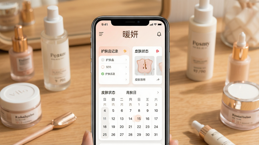 һ��չʾů���������Ľ�����ֻ�����ͼ�������������ֻ���Ļ����Ļ����ʾů��APP����ҳ����ҳ�����С�ů�������ֵ�Logo���м��ǻ���Ʒ��¼��Ƭ��Ƥ��״̬������������������������ܰ��ůɫ�����棬�Ա�ɢ���ż�ƿ����Ʒ��������¼�Լ��ϸ�ھ��£����ʸɾ����޶���Ԫ��