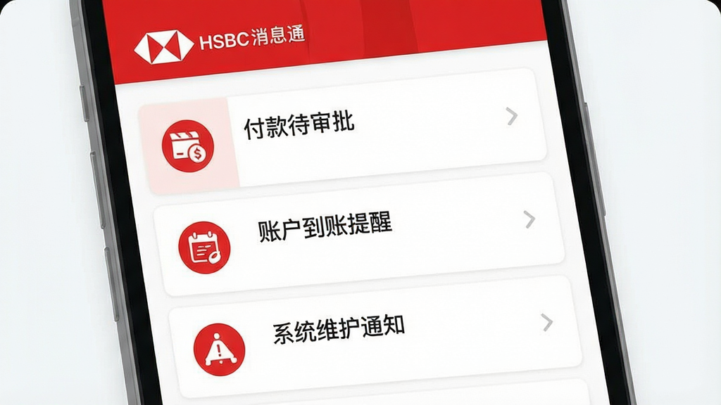 һ��չʾHSBCnet��Ϣ֪ͨ���Ľ����ʾ��ͼ���������ֻ���Ļ��ʾ��Ϣ�б�����������������������˻��������ѡ���ϵͳά��֪ͨ������Ŀ��ÿ����Ϣ����ж�Ӧͼ�꣬������ɫ�Ի���Ͱ�ɫΪ���������ɾ����࣬����ִ���ƽ��ϸ�����������ʸɾ����޶���Ԫ��